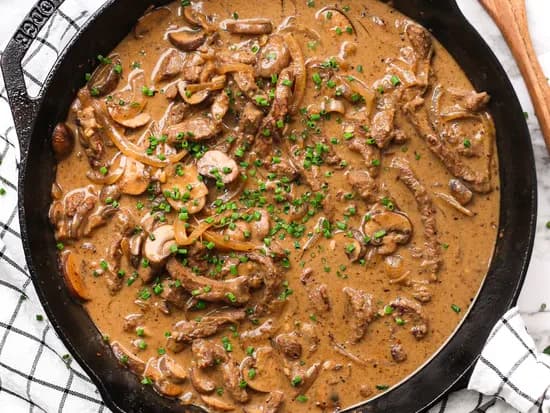 Beef Stroganoff with Potato Gratin & Vegetables