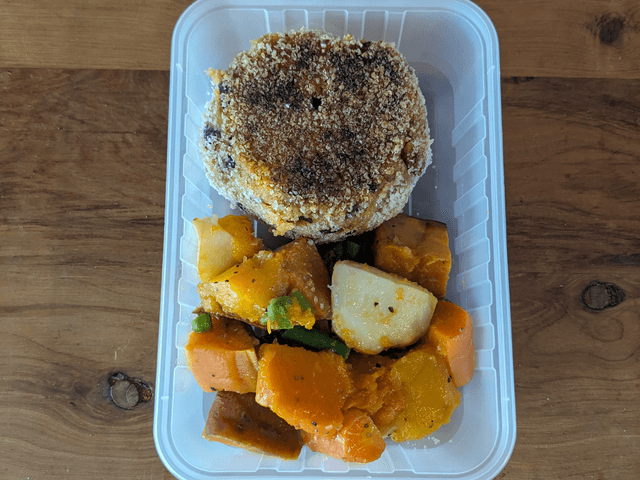 Cajun Sweet Potato & Black Bean Patty w. Roasted Vegetable Medley