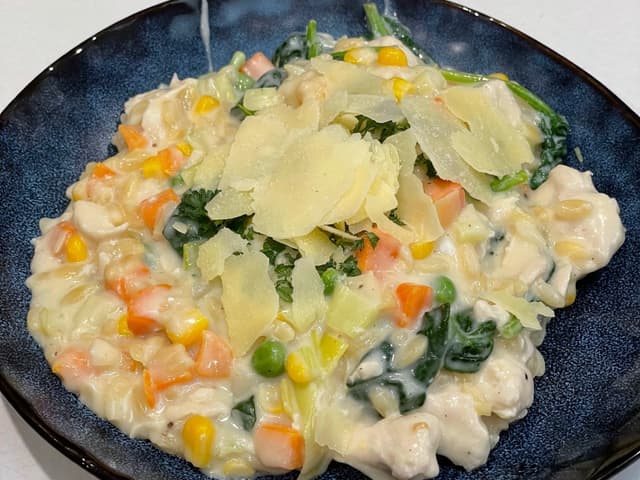 Chicken & Veg Risoni W Parmesan Sauce & Mash