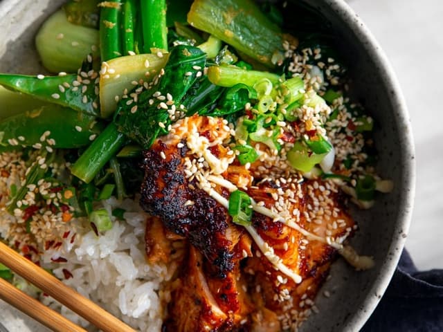 Teriyaki Salmon Bowls with Ginger Sesame Greens & Coconut Rice