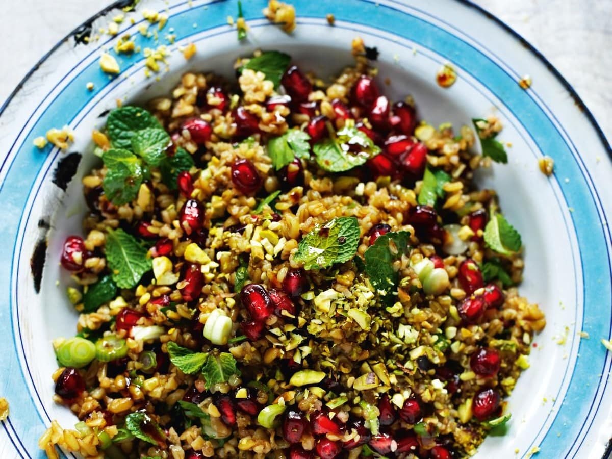 Roast cauliflower, freekah, pomegranate salad with pomegranate molasses dressing