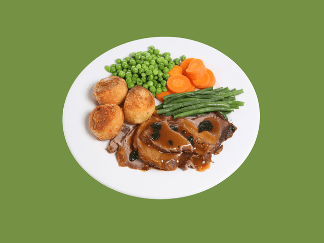 Roast Lamb with Roast Potatoes, Roast Pumpkin, Peas & Minted Gravy