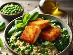 Crumbed Haloumi Steaks w Spinach & Pea Pesto Risotto
