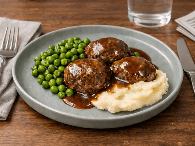 Rissoles with Mash, Gravy and veggies