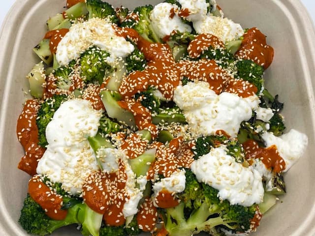 Mini Char-grilled Broccoli, our Harissa, Toum, Sesame Salad