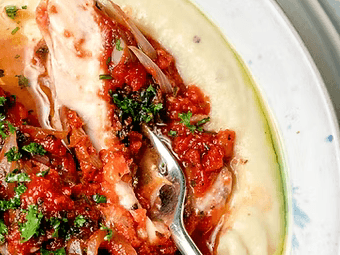 White Fish on Cauliflower Mash with Tomato Sauce