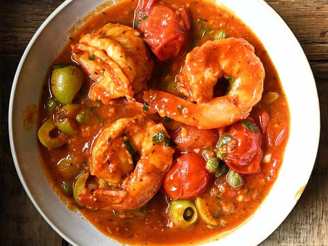 Mediterranean Prawn Broth  with Tomato, Olives & Capers