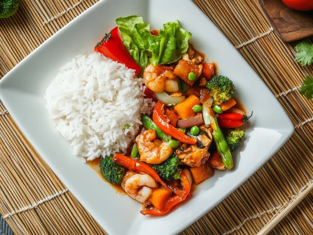Chilli Garlic Prawns with Rice, Stir Fry Broccoli & Red Capsicum
