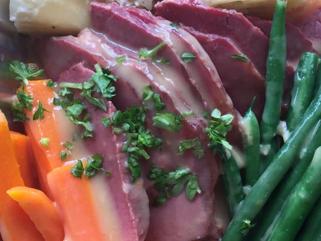 Corned Beef with Mustard Sauce and Vegetables