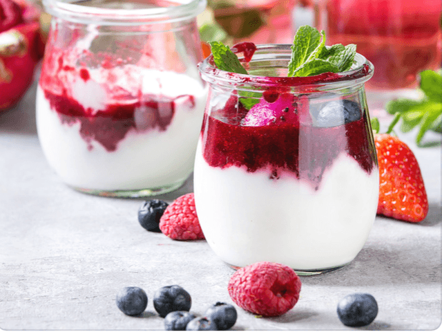 Yoghurt Pot with Mixed Berry Coulis & Bask & Co. Granola