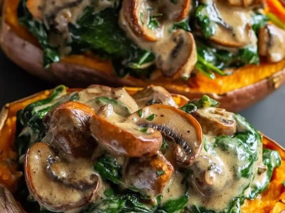 CREAMY MUSHROOM + SPINACH STUFFED SWEET POTATO
