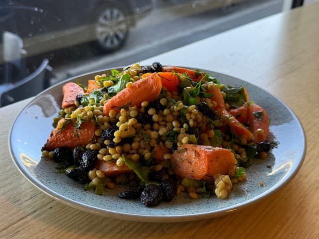 Mini Roast Carrot, Ras el Hanout, Pearl Couscous, Raisin, Celery, Herbs Salad