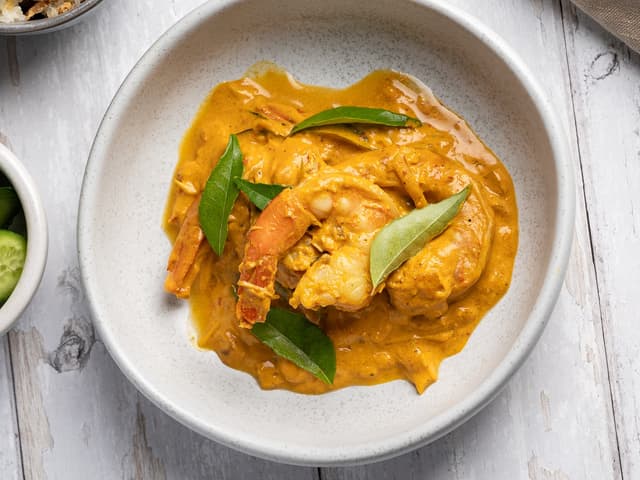 Goan prawn curry, curry leaves, tamarind and fresh shredded coconut