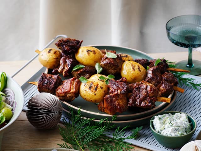 Herbed Marinated Lamb & Potato Skewers w/ Salsa Verde Dressing