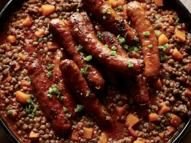 Braised Pork and Fennel Sausages with Lentils and Rosemary