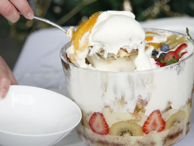 Festive fun trifle with fresh fruit, custard and cream (no added gluten)