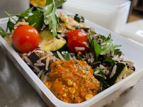 Roast Mediterranean Veg wWild Rice & Romesco