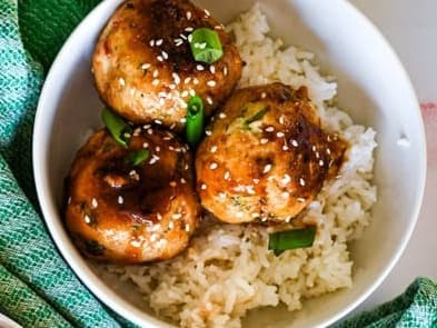 Vegan Meatballs Tamarind Sauce w White Rice & Asian Green