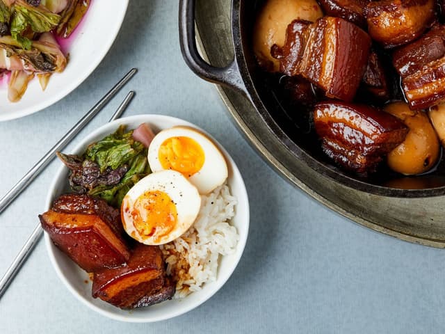 Braised Pork Belly & Eggs w White Rice & Green Vegetable