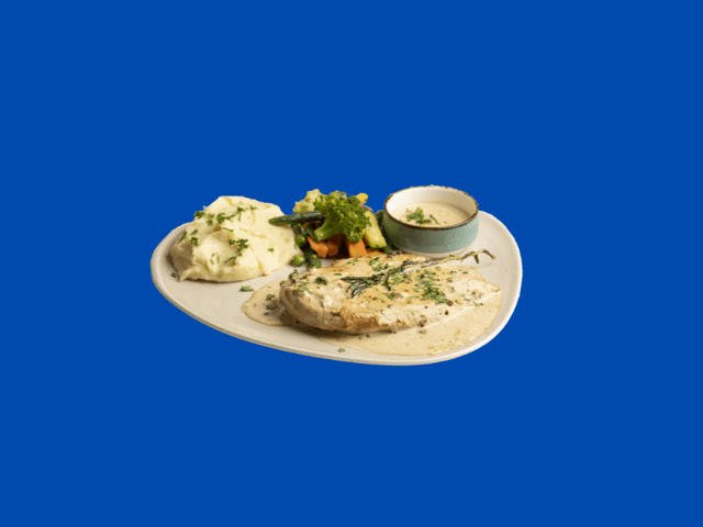 Chicken with Creamy Mushroom & Leek Sauce, Sweet Potato Mash, Steamed Vegetables