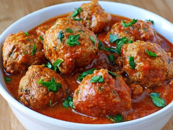 Pork and Beef Meatballs with basil, tomato, and Parmesan