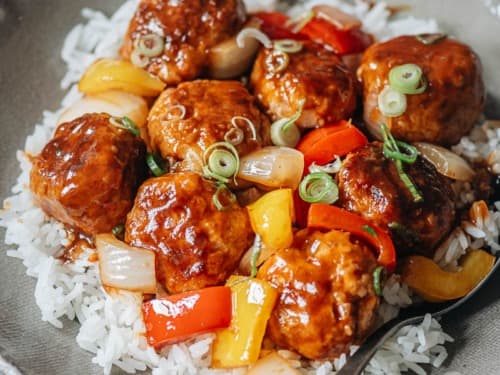 Sweet and Sour Vegan Meatballs With White Rice