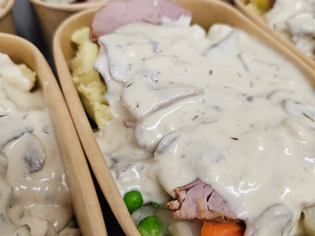 Pork fillet with mash, veg and a creamy mushroom sauce Gluten Free