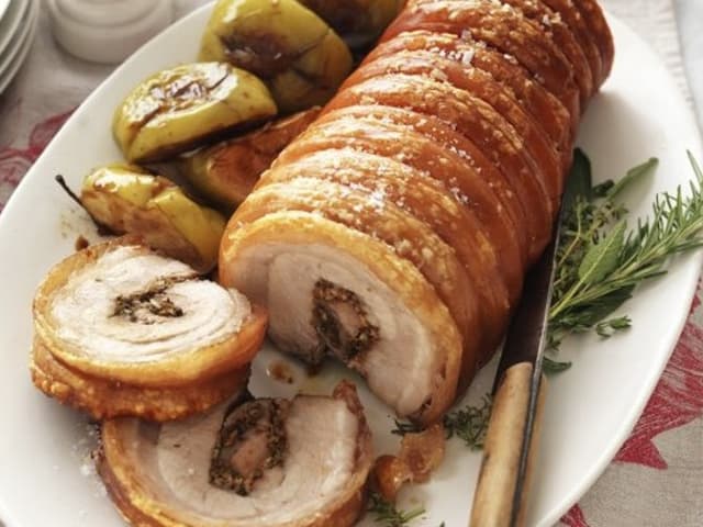 Porchetta with Orange, Fennel & Rosemary Apple and Vanilla Agra dolce Sauce