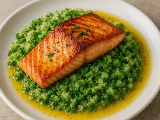 Salmon on Broccoli Rice with Butter Sauce