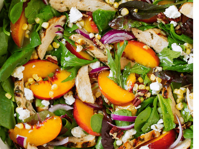 BBQ Chicken Salad with Peaches, Basil & Feta