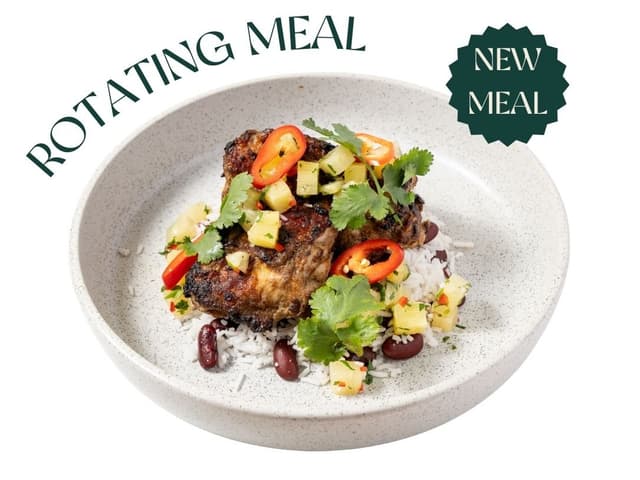 Jerk Chicken, Rice & Beans with Pineapple Salsa (Rotating Meal)