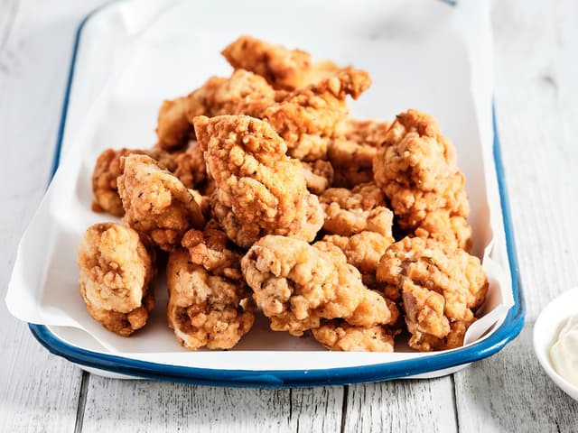 buttermilk fried popcorn chicken, yuzu kosho mayo