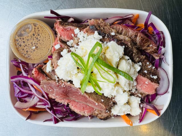 BBQ Beef Strips on Cabbage Slaw