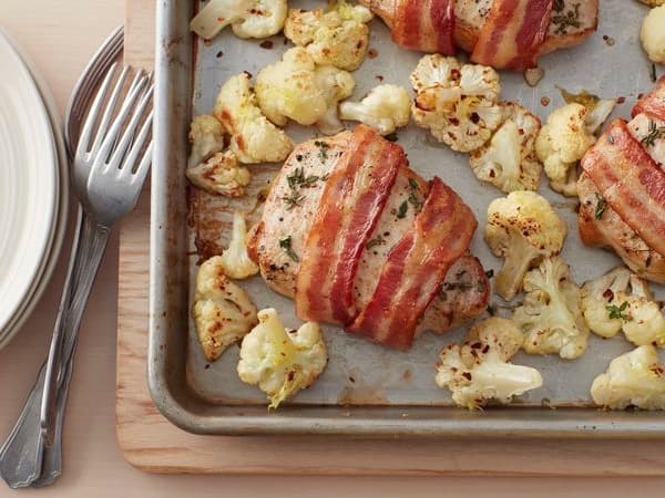 Bacon Wrapped Chicken with Roasted Cauliflower & Zucchini