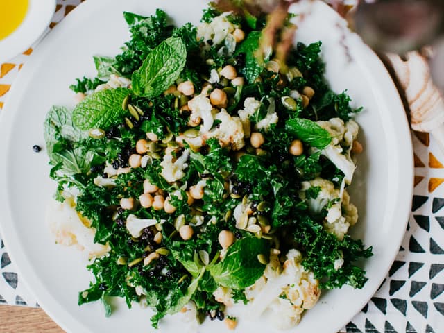 Cauliflower Salad w Chickpea, Kale, Pine Nuts and Seeds