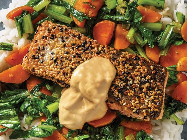Sesame Crusted Salmon wBroccoli, Beans & Miso Carrots