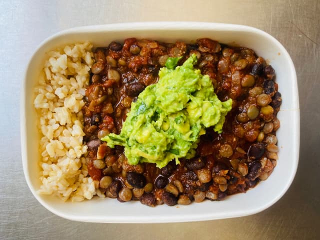 Chilli Sin Carne with Brown Rice and Guacamole