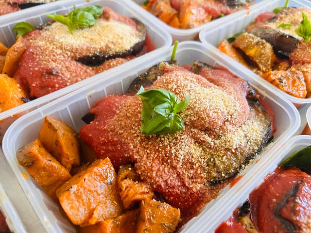 Vegan: Eggplant Parmigiana with Roasted Sweet Potato & Spinach