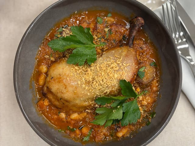Cassoulet of Confit chicken, Toulouse sausage, Speck and Cannellini Beans