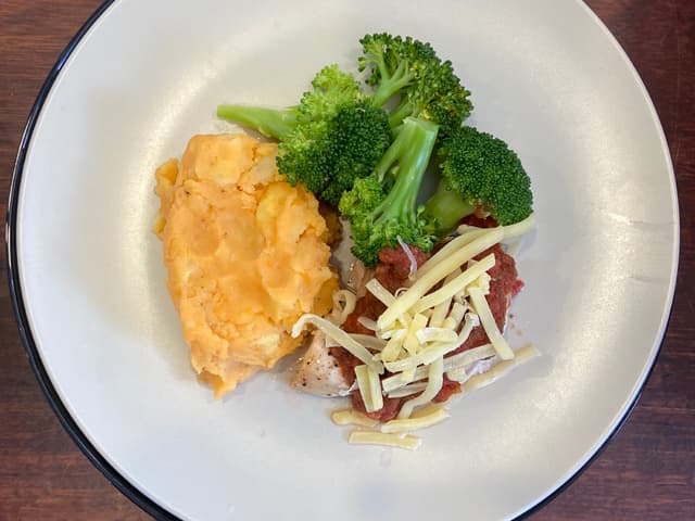 Chicken Parmigiana, Root Veg Mash & Broccoli