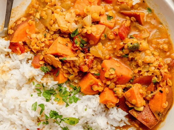 Vegan Massaman Curry with Sweet Potatoes & Red Lentil With Coconut Rice