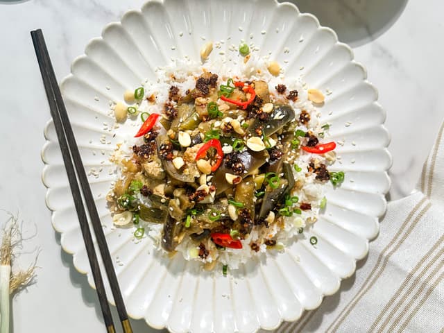 Szechuan Eggplant with Mama's Chilli Oil, Roasted Peanuts and Jasmine Rice