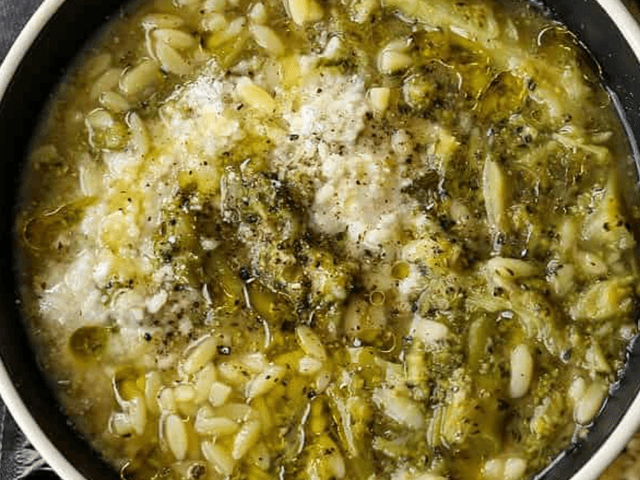 Roasted Broccoli, Green Pea and Rice Soup with Feta and Lemon