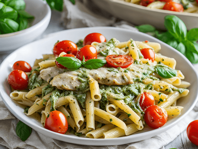 Pesto Chicken Pasta with Cherry Tomatoes