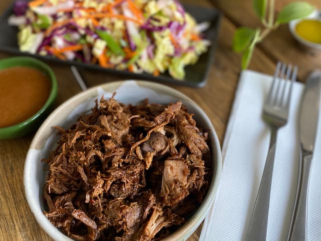 Korean pulled pork, Asian slaw, Ssamjang BBQ Sauce