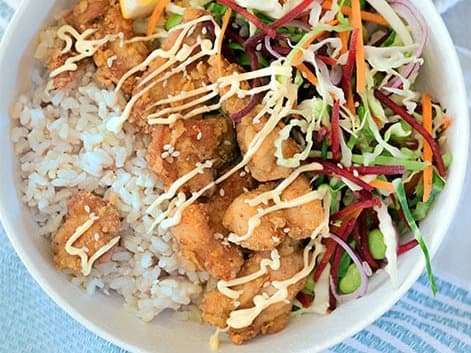 Karaage Fried Chicken Pickles Slaw w White Rice