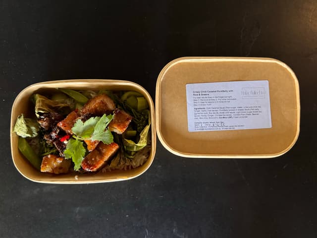 Crispy Chilli Caramel Pork Belly with Rice & Greens
