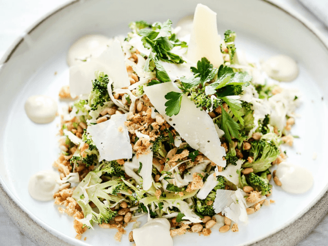 Cabbage and Broccoli Slaw, Parmesan, Toasted Pine Nuts, Lemon Vinaigrette