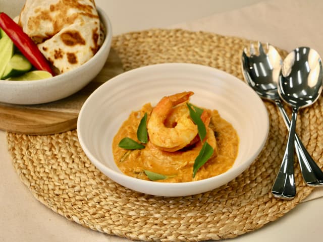 Goan prawn curry, curry leaves, tamarind and fresh shredded coconut