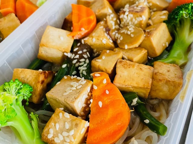 Vegan: Teriyaki Tofu with Sweet Potato Noodles and Greens